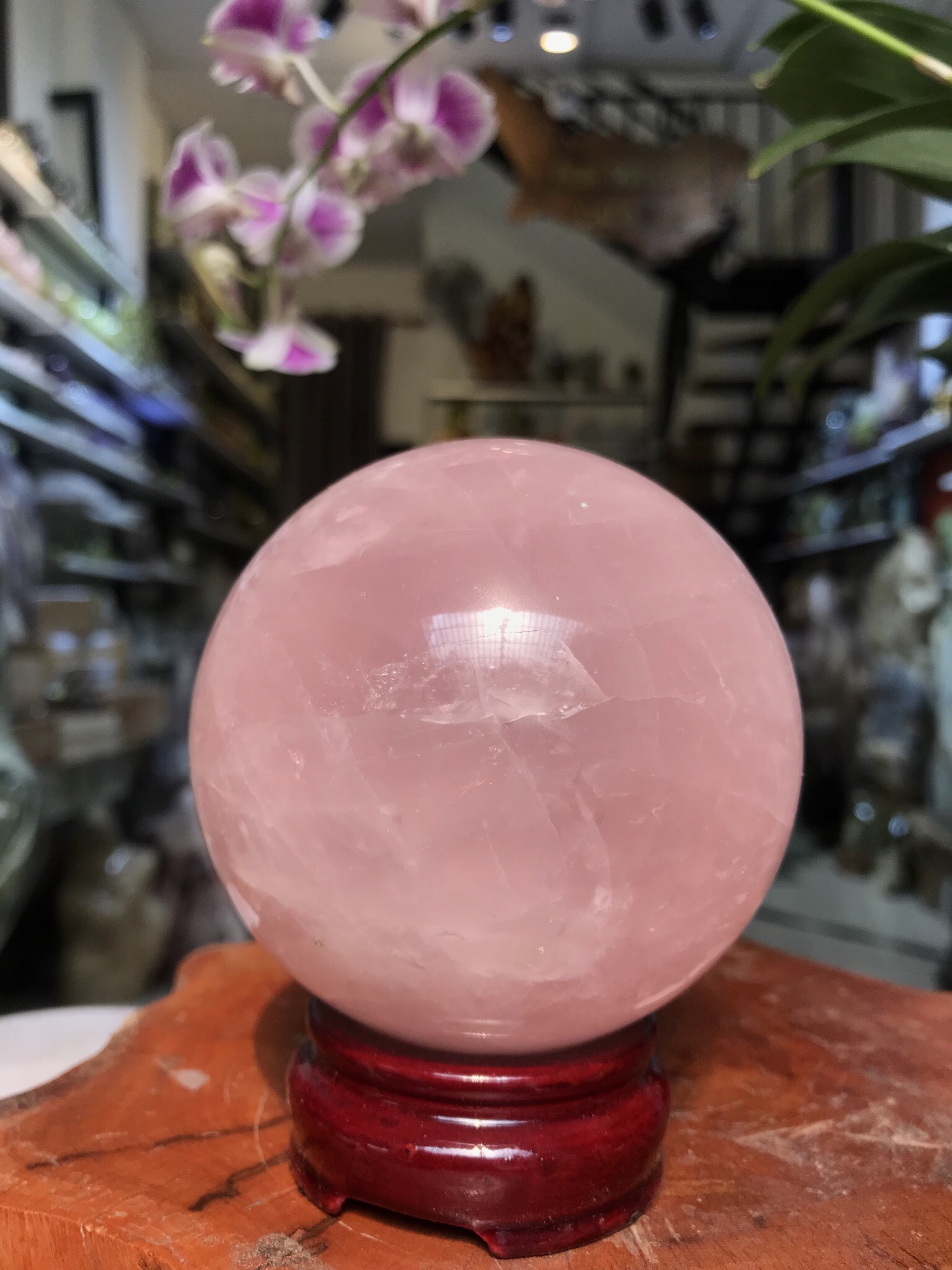 QUẢ CẦU PHONG THỦY THẠCH ANH HỒNG CÓ SAO KL 893G. ĐK 8,7CM (BH32)