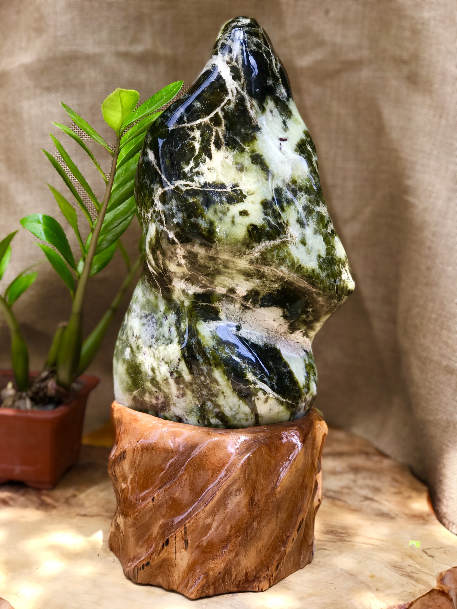 CÂY ĐÁ PHONG THỦY ĐỂ BÀN ĐÁ SERPENTINE XANH ĐEN +TRẮNGKT: 45X22CM (CAO GỒM ĐẾ 12CM) MS: VS47