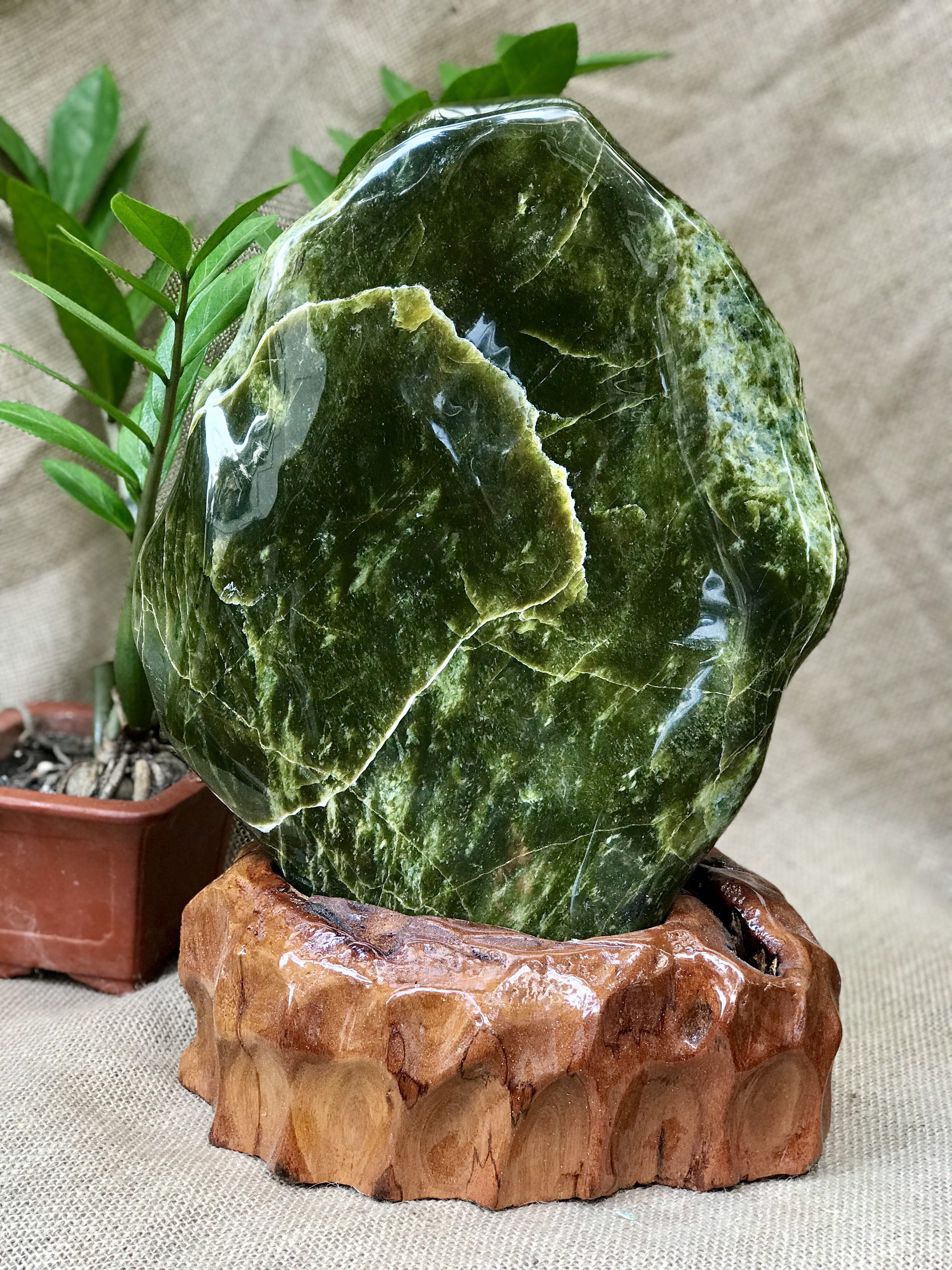 CÂY ĐÁ PHONG THỦY ĐỂ BÀN ĐÁ SERPENTINE XANH NGỌC KT: 38X26CM (CAO GỒM ĐẾ 10CM) MS: VS51