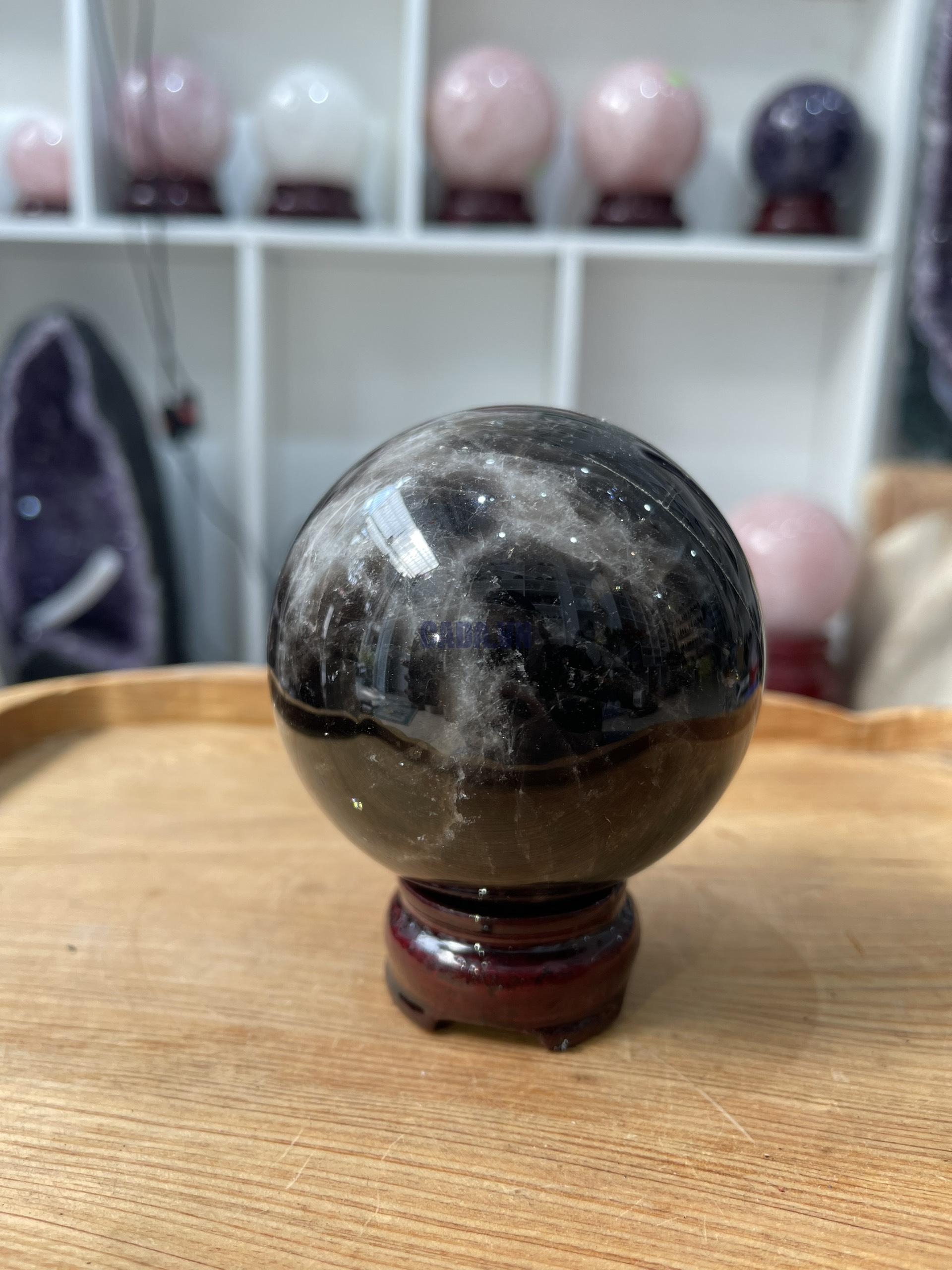 Bi cầu Thạch Anh Đen - Black Quartz Sphere (BĐE23), KL: 0.672 KG, ĐK: 7.86 CM