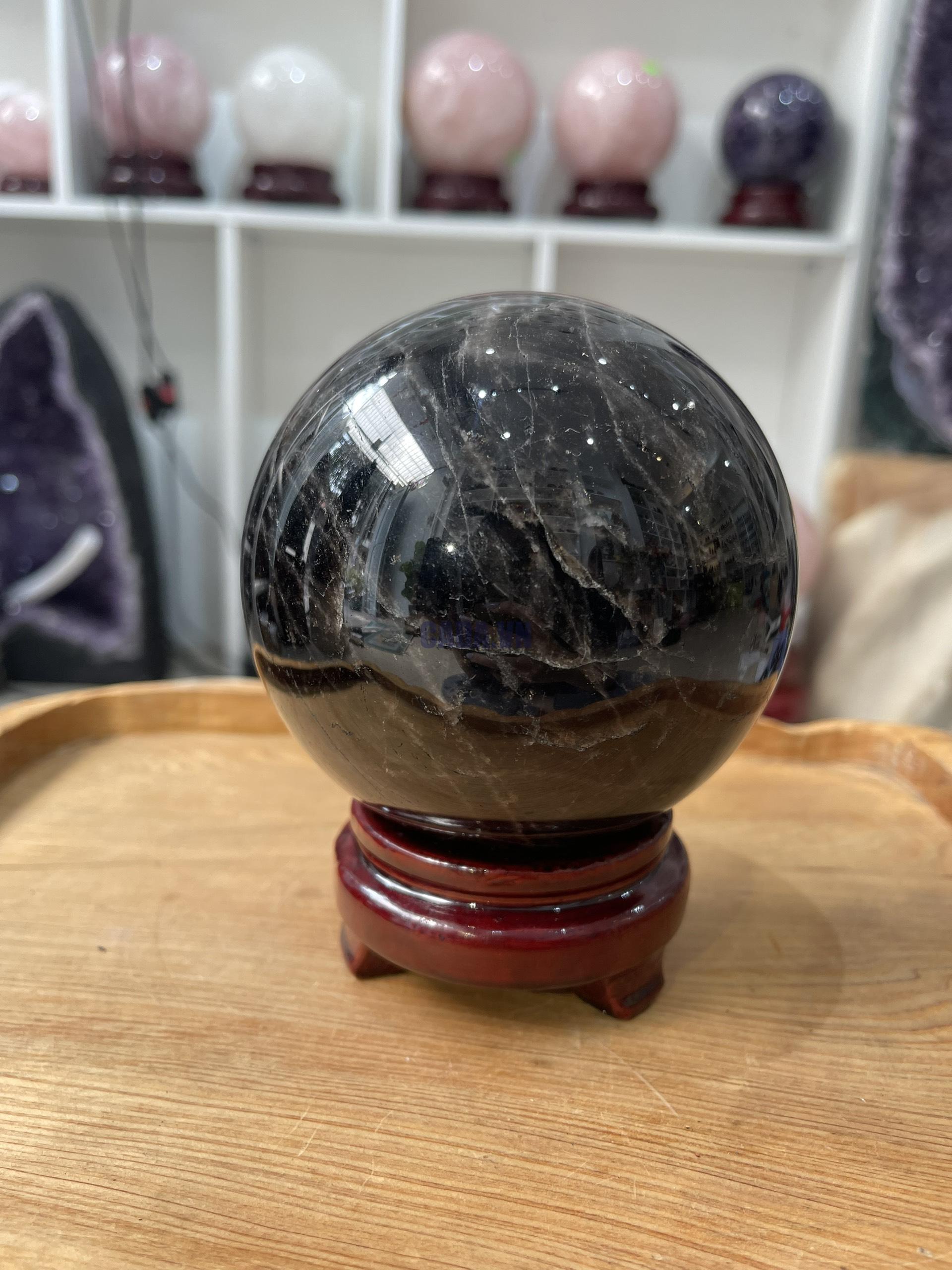 Bi cầu Thạch Anh Đen - Black Quartz Sphere (BĐE30), KL: 1.72 KG, ĐK: 10.5 CM