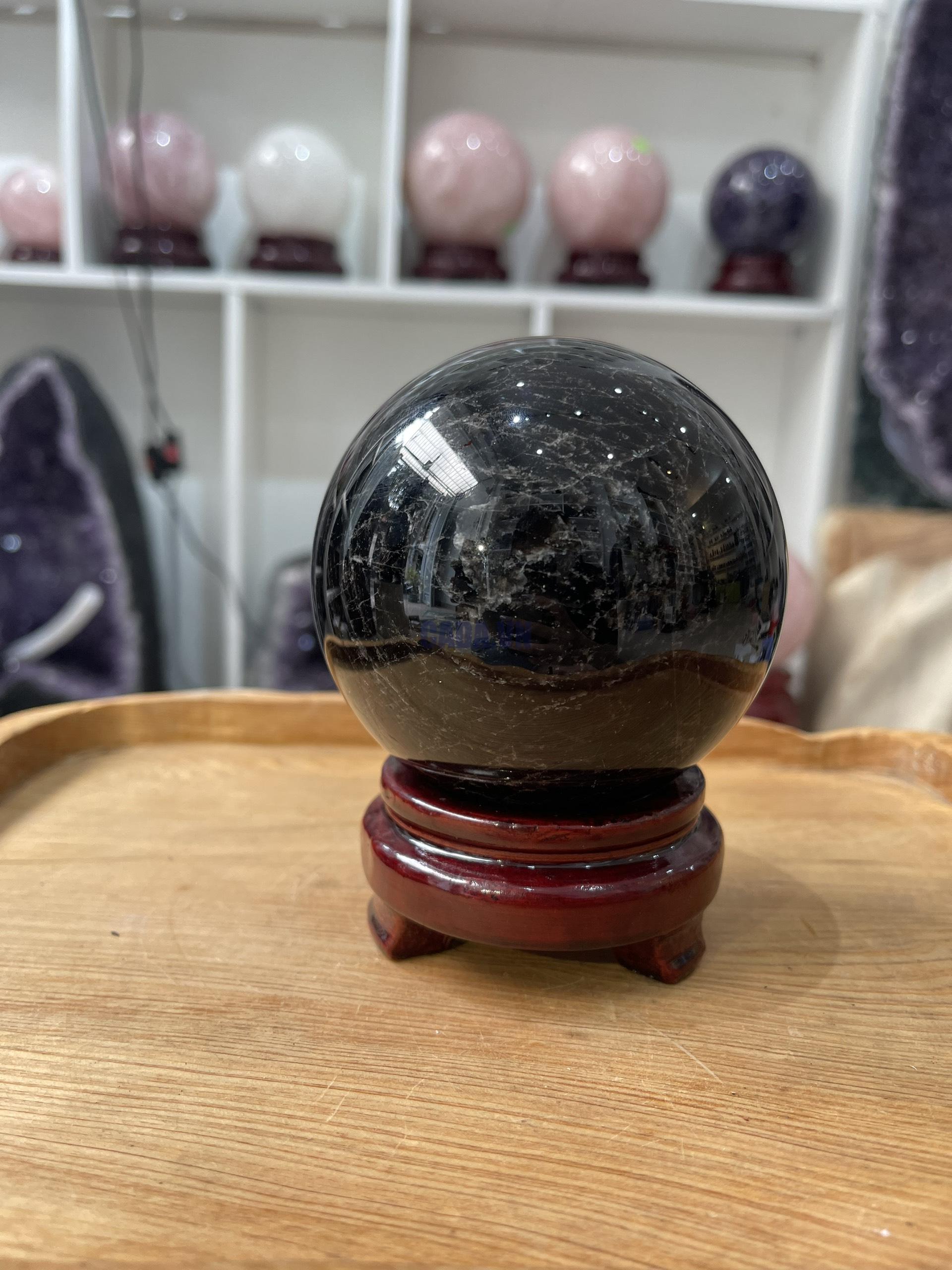 Bi cầu Thạch Anh Đen - Black Quartz Sphere (BĐE31), KL: 1.164 KG, ĐK: 9.4 CM