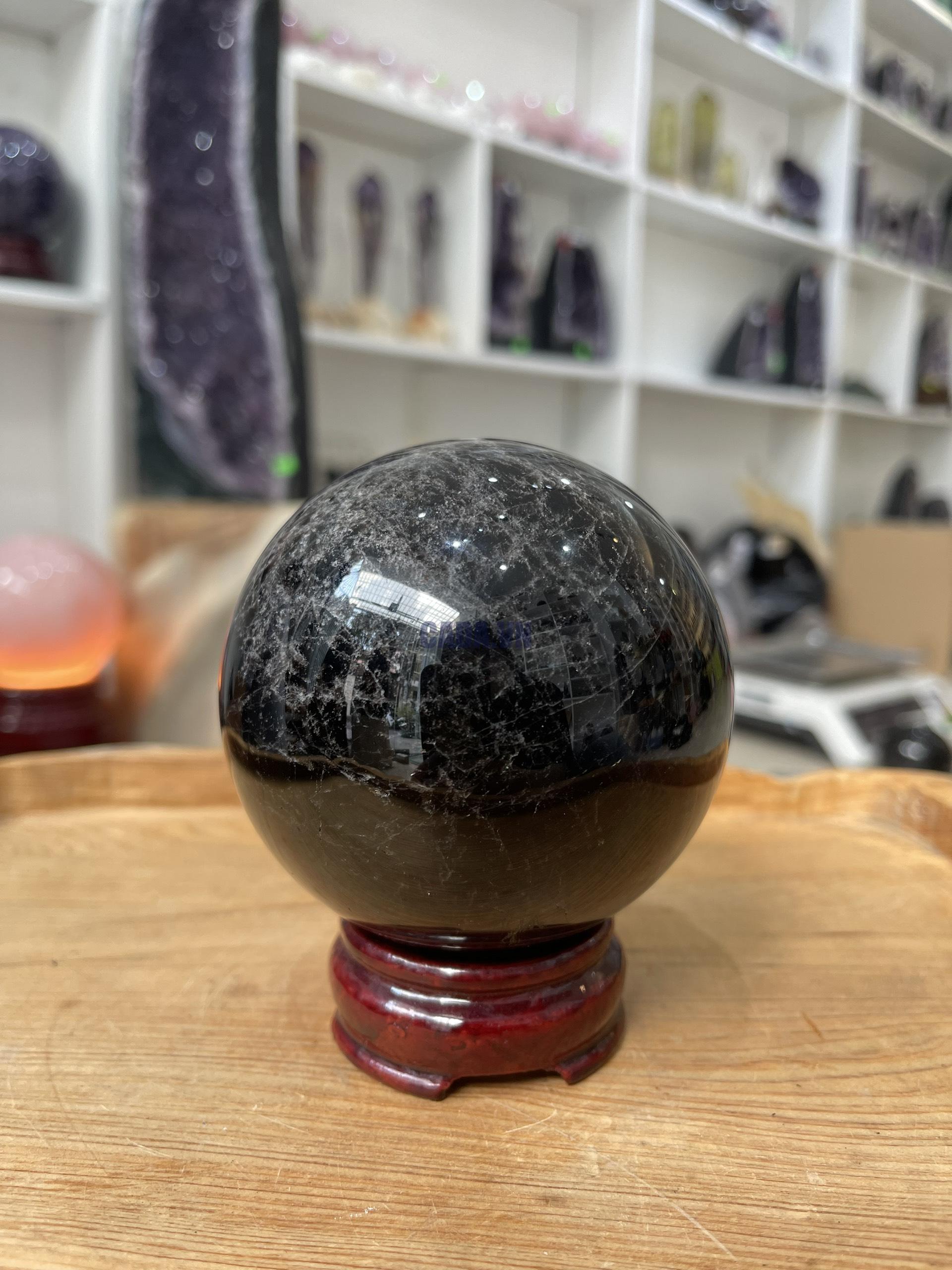 Bi cầu Thạch Anh Đen - Black Quartz Sphere (BĐE36), KL: 0.832 KG, ĐK: 8.4 CM