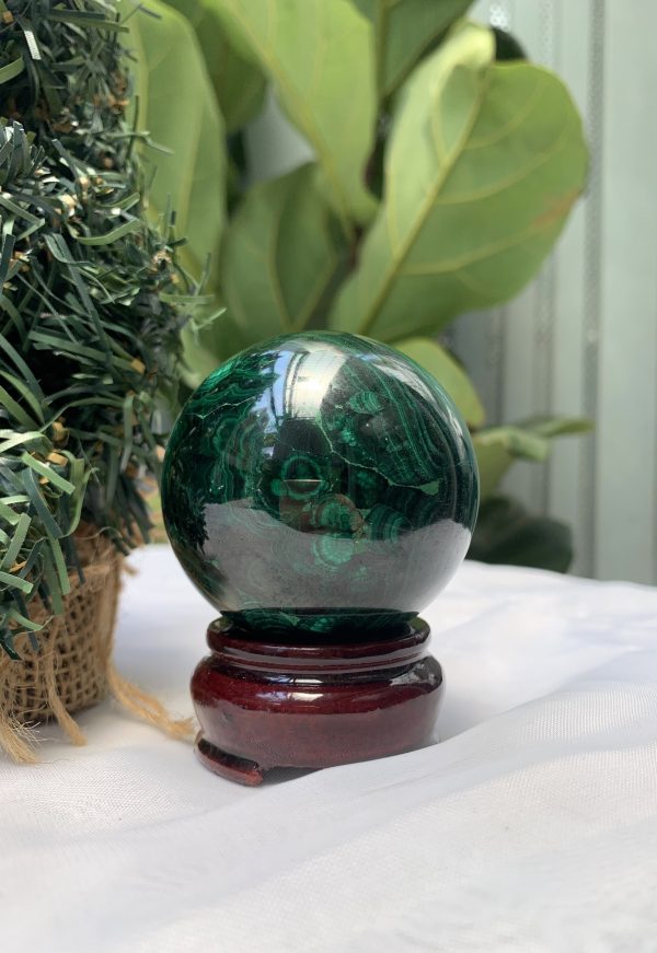 Bi cầu đá Lông Công – Đá Khổng Tước – Malachite Sphere, ĐK: 5.7 CM, KL: 0.38 KG (MLC53)