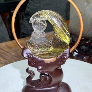 Tượng phật quan âm thạch anh tóc vàng Cao riêng đá 7cm, 84g