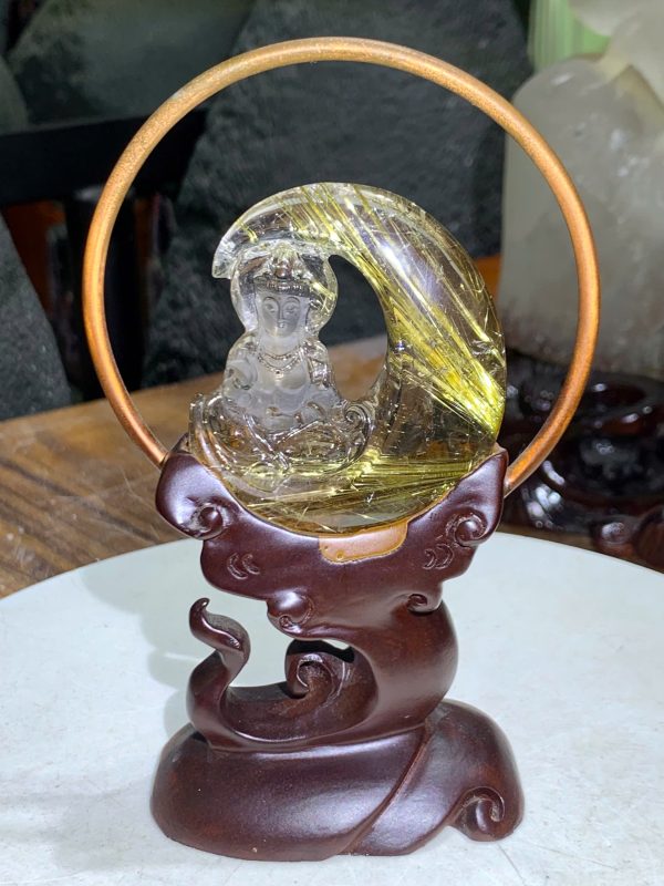 Tượng phật quan âm thạch anh tóc vàng Cao riêng đá 7cm, 84g