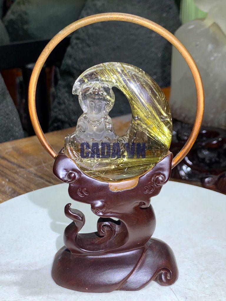 Tượng phật quan âm thạch anh tóc vàng Cao riêng đá 7cm, 84g