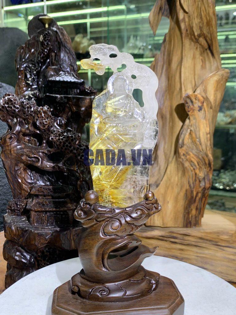 Tượng phật quan âm thạch anh tóc vàng KT: 23x8cm KL: 198g