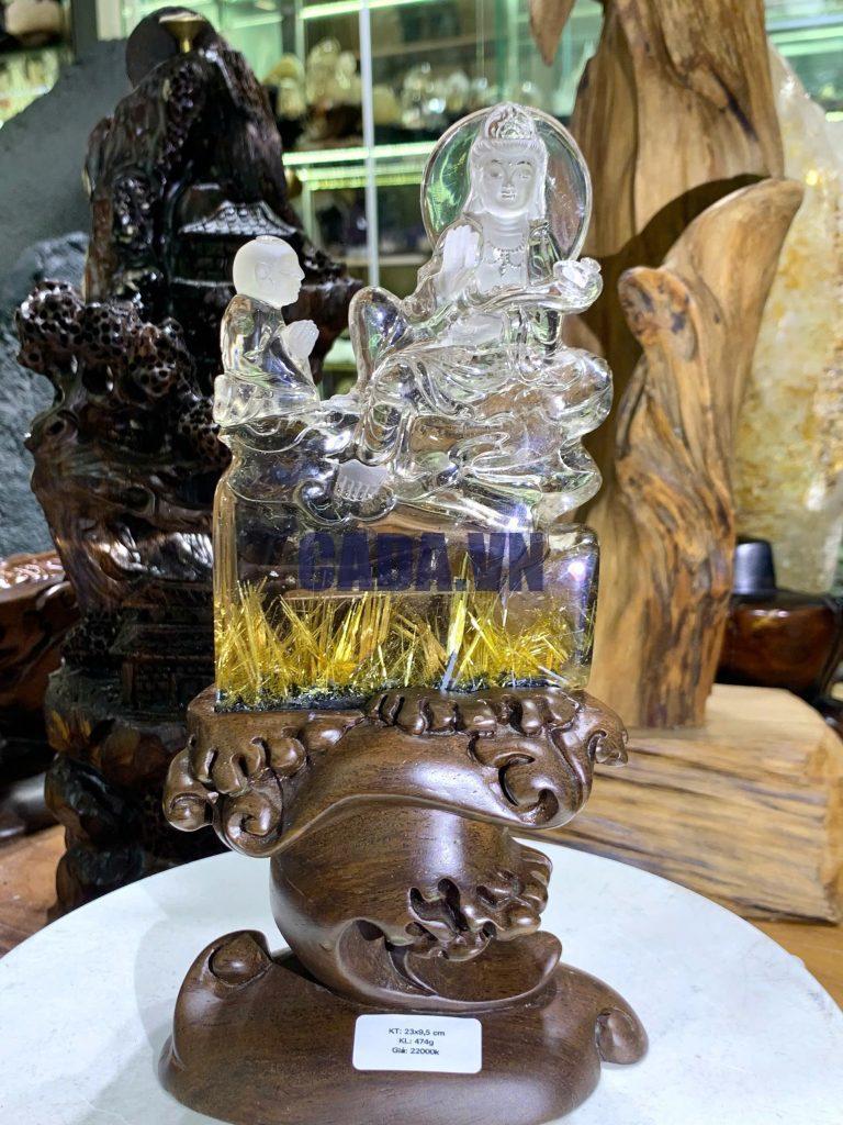 Tượng nhất tâm bái Phật đà thạch anh tóc vàng KT: 23x9.5cm KL: 474g