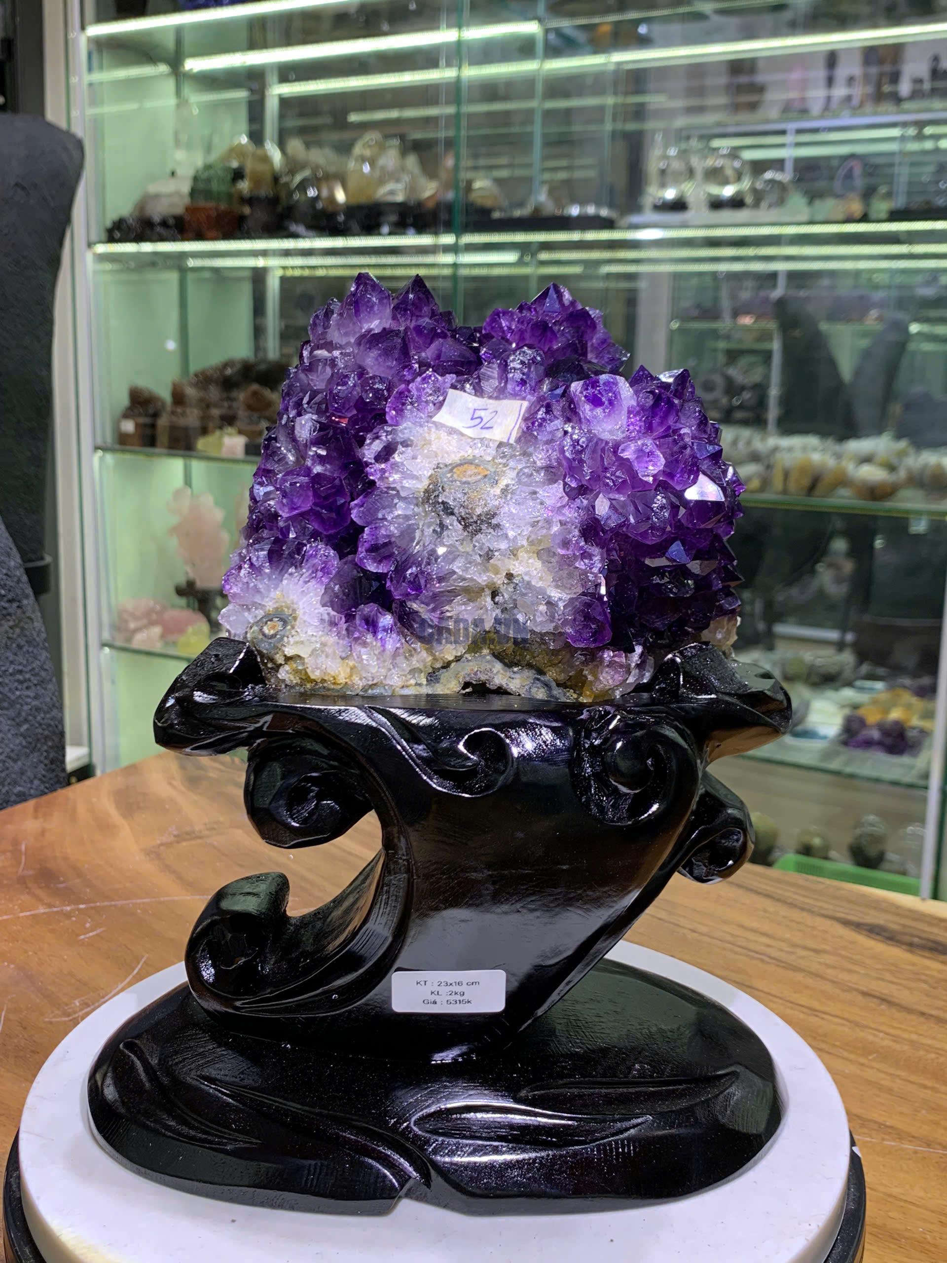 Bông Thạch Anh Tím đậm Uruguay - Amethyst kèm đế gỗ KT: 23x16cm - KL: 2kg